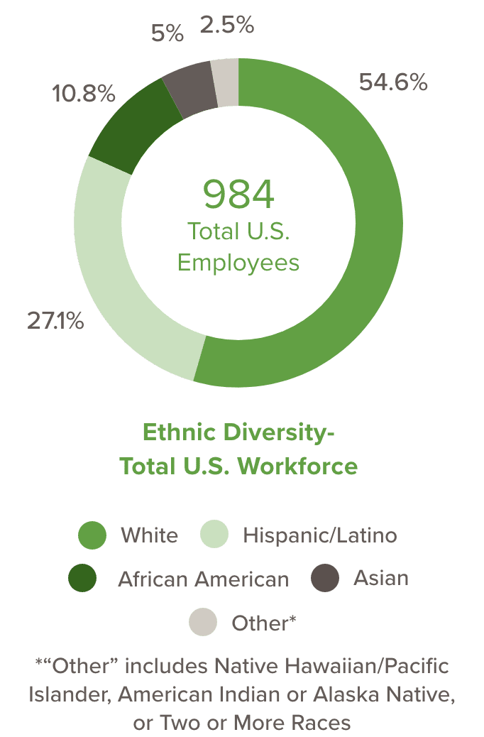 Chart depicting Ethnic Diversity - Total U.S. Workforce. 984 Total U.S. Employees, 54.6% White, 27.1% Hispanic/Latino, 10.8% African American, 5% Asian, 2.5% Other. 